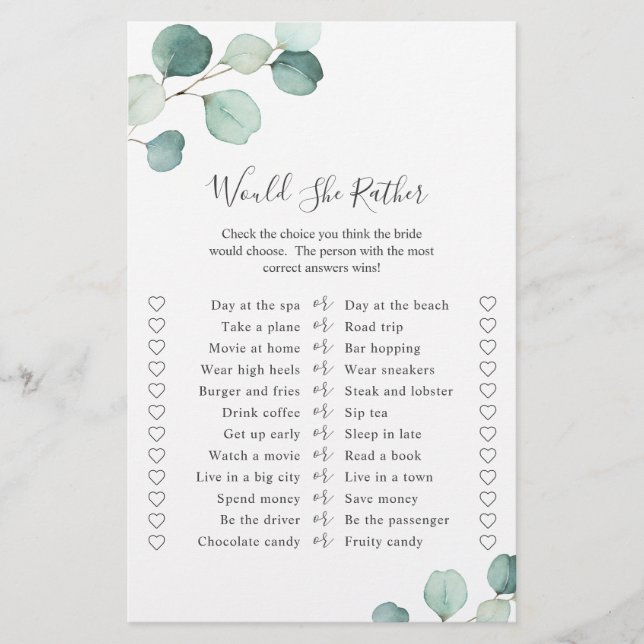 Elegant Eucalyptus Greenery Bridal Shower Game (Front)
