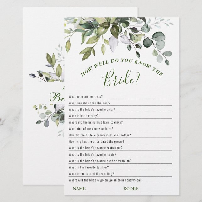 Elegant Eucalyptus Greenery Bridal Shower Game (Front/Back)
