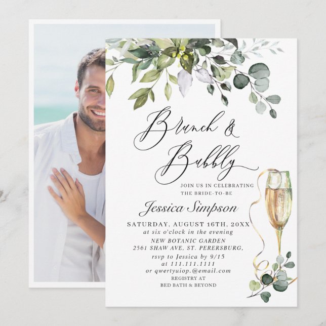 Elegant Eucalyptus Greenery Brunch & Bubbly PHOTO Invitation (Front/Back)