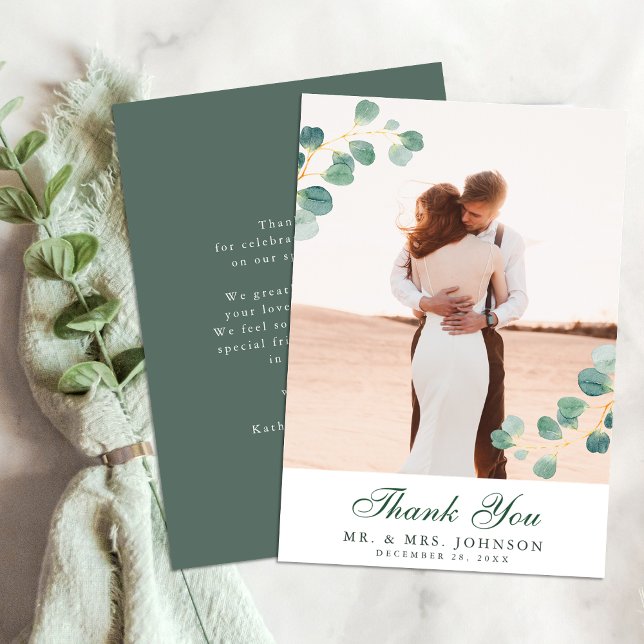 Elegant Eucalyptus Greenery Calligraphy Wedding Thank You Card (Creator Uploaded)