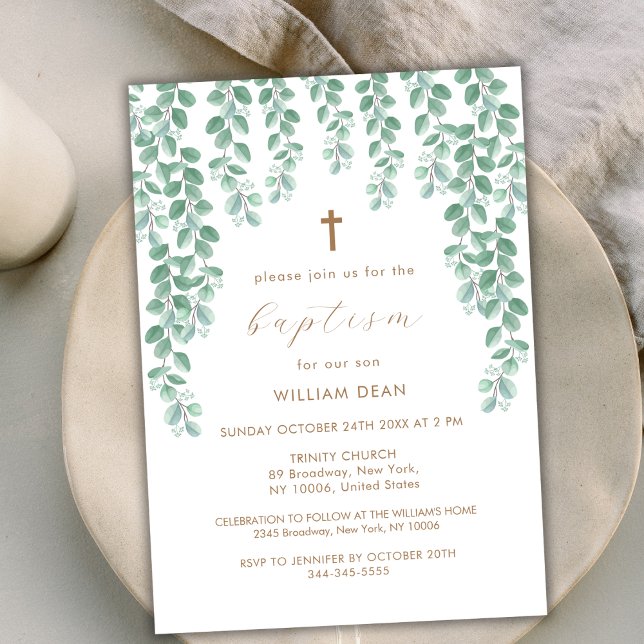 Elegant Eucalyptus Greenery Cross Baptism Invitation (Elegant Eucalyptus Greenery Cross Baptism Invitation)