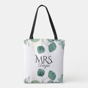 Elegant Eucalyptus Greenery Custom Name Bride Tote Bag