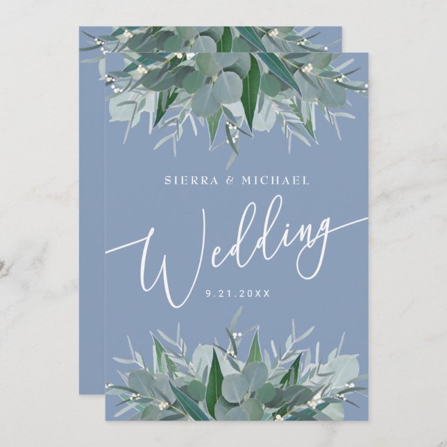 Elegant Eucalyptus Greenery Dusty Blue Wedding Invitation (Front/Back)