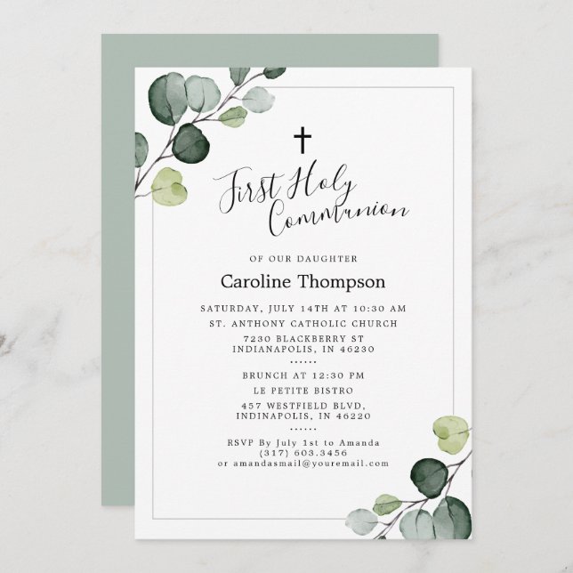Elegant Eucalyptus Greenery First Holy Communion Invitation (Front/Back)