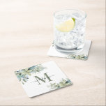 Elegant Eucalyptus Greenery Floral Monogram Square Paper Coaster<br><div class="desc">Elegant Eucalyptus Botanical Floral Monogram Paper Coasters featuring our lovely sage eucalyptus green and dusty blue greenery and modern typography. Easy to customise with your information for a simply elegant family name coasters. Please contact us at cedarandstring@gmail.com if you need assistance with the design or matching products.</div>