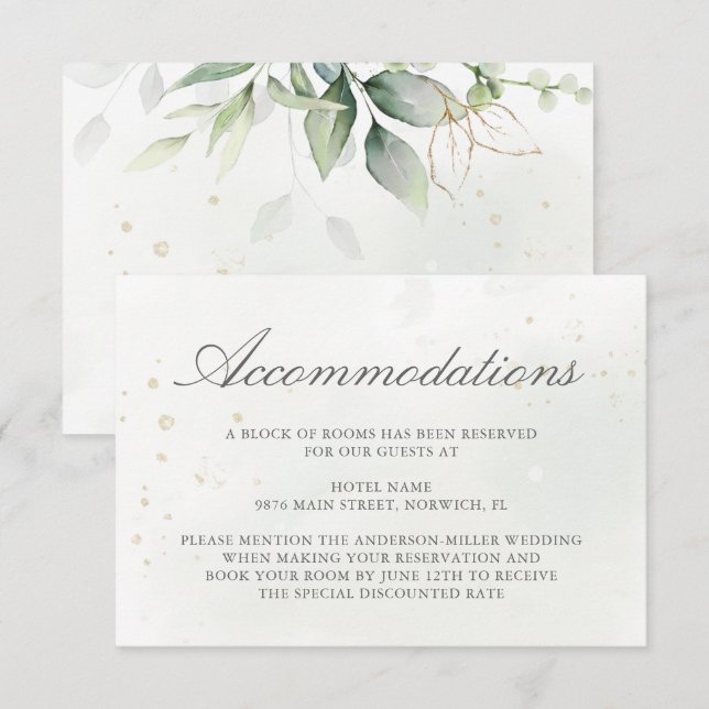 Elegant Eucalyptus Greenery Gold Accommodations Enclosure Card (Front/Back)
