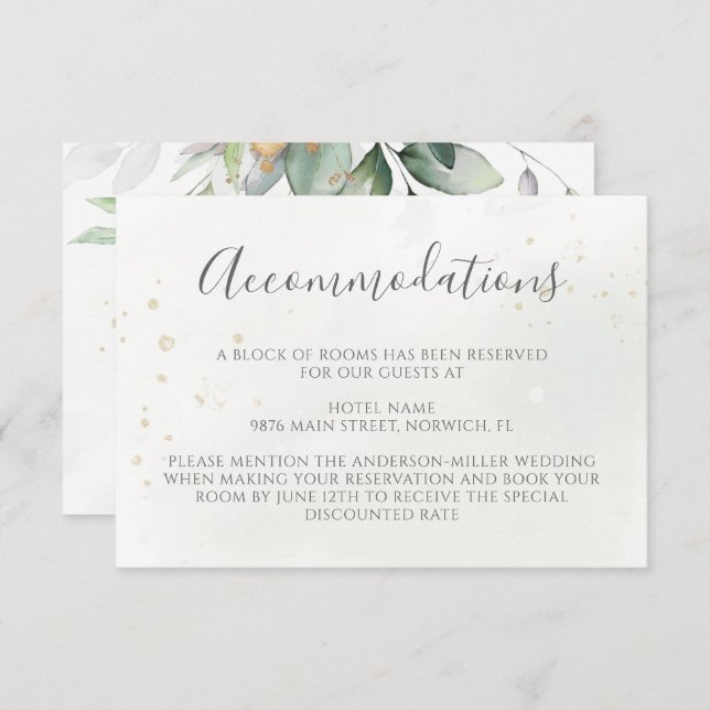 Elegant Eucalyptus Greenery Gold Accommodations Enclosure Card (Front/Back)