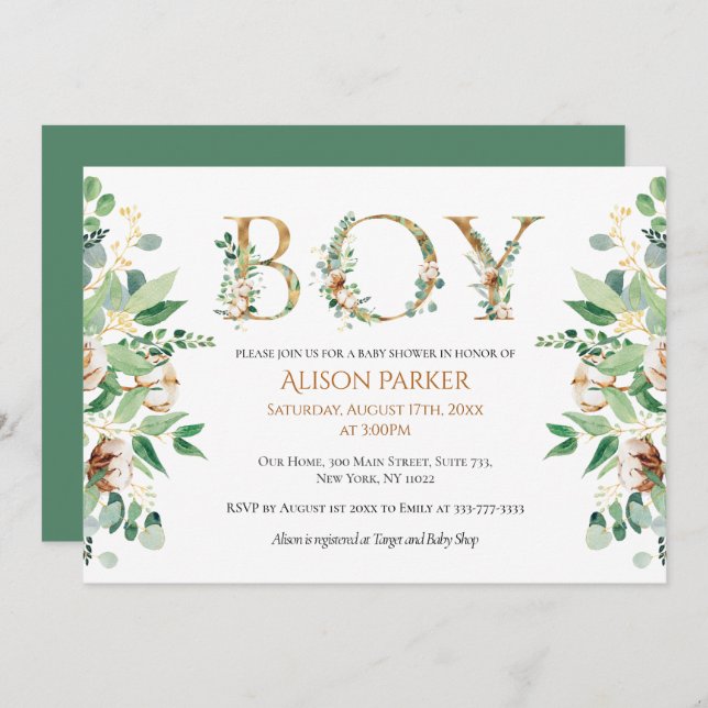 Elegant Eucalyptus Greenery Gold Baby Boy Shower Invitation (Front/Back)