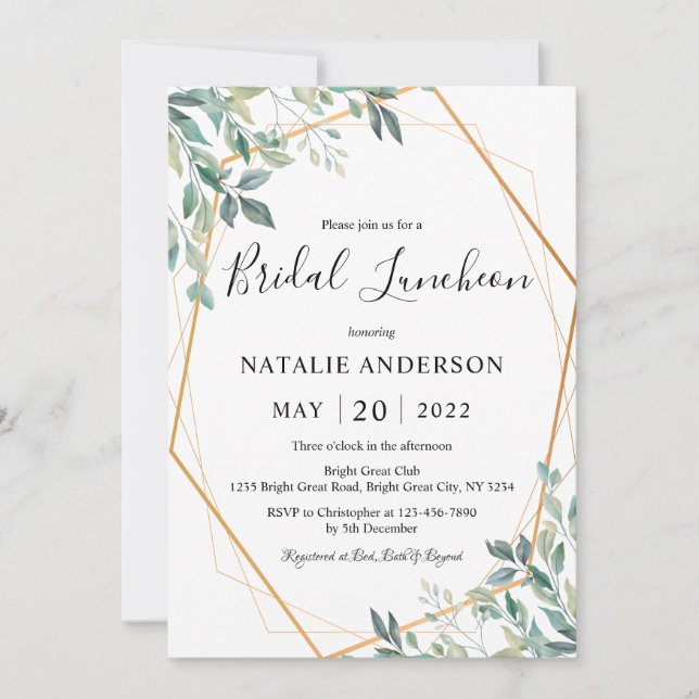 Elegant Eucalyptus Greenery Gold Bridal Luncheon Invitation (Front)