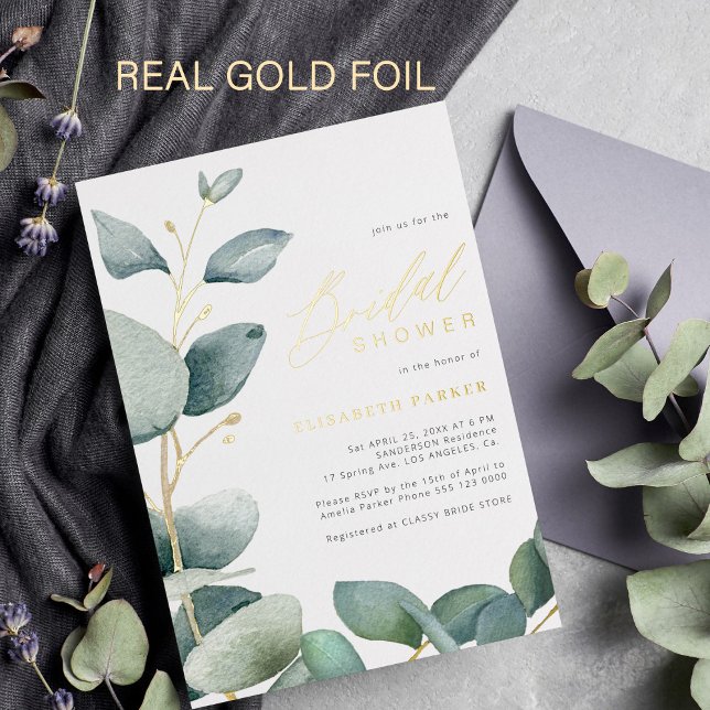 Elegant eucalyptus greenery gold bridal shower (You can choose the color of the FOIL: GOLD, ROSE GOLD, or SILVER. )