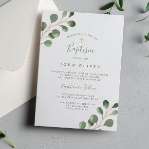 Elegant eucalyptus greenery gold cross Baptism Invitation