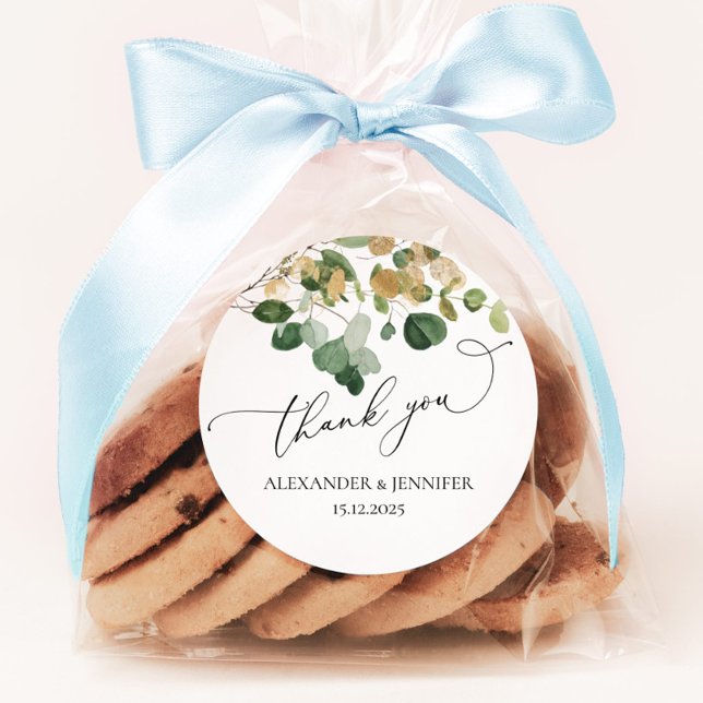 Elegant Eucalyptus Greenery gold foil Wedding Classic Round Sticker (Creator Uploaded)