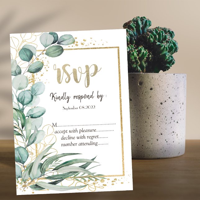 Elegant Eucalyptus Greenery Gold Frame RSVP   Invitation (Creator Uploaded)