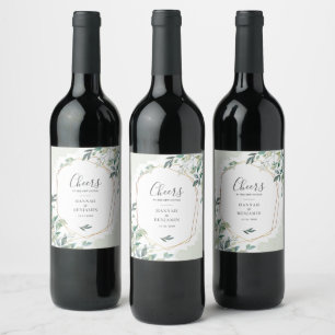 Elegant Eucalyptus Greenery Gold Geometric Wedding Wine Label