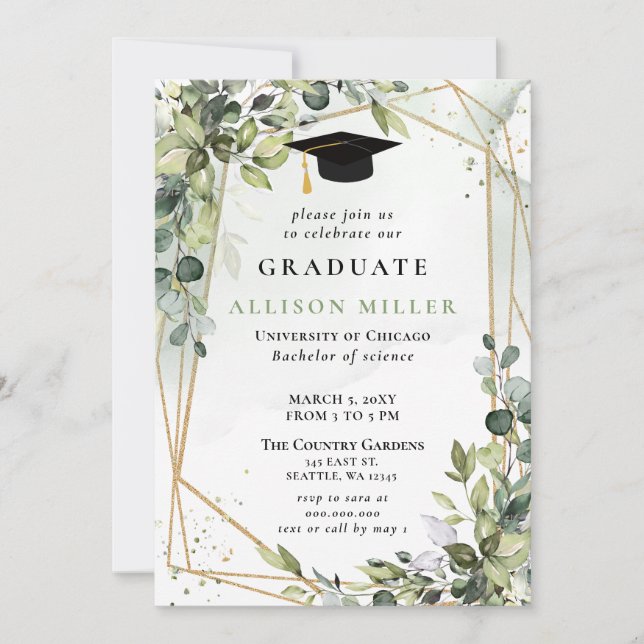 Elegant Eucalyptus Greenery Gold Graduation Invitation (Front)