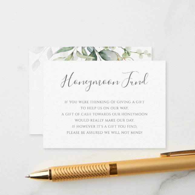 Elegant Eucalyptus Greenery Gold Honeymoon Fund Enclosure Card (Front/Back In Situ)