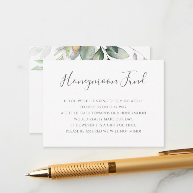 Elegant Eucalyptus Greenery Gold Honeymoon Fund Enclosure Card (Front/Back In Situ)