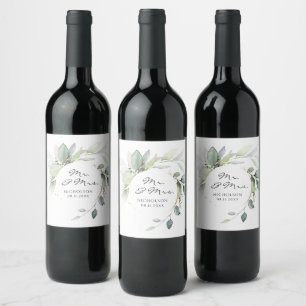  Elegant Eucalyptus Greenery Gold Mr. & Mrs.  Wine Label