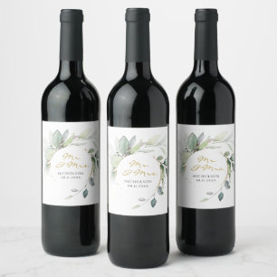 Elegant Eucalyptus Greenery Gold Mr. & Mrs.  Wine Wine Label