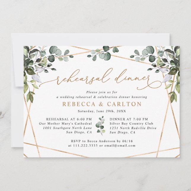 Elegant Eucalyptus Greenery Gold Rehearsal Dinner Invitation (Front)