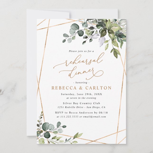 Elegant Eucalyptus Greenery Gold Rehearsal Dinner Invitation (Front)