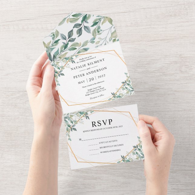 Elegant Eucalyptus Greenery Gold Rustic Wedding All In One Invitation (Tearaway)