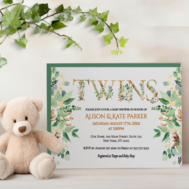 Elegant Eucalyptus Greenery Gold Twin Baby Shower Invitation (Creator Uploaded)