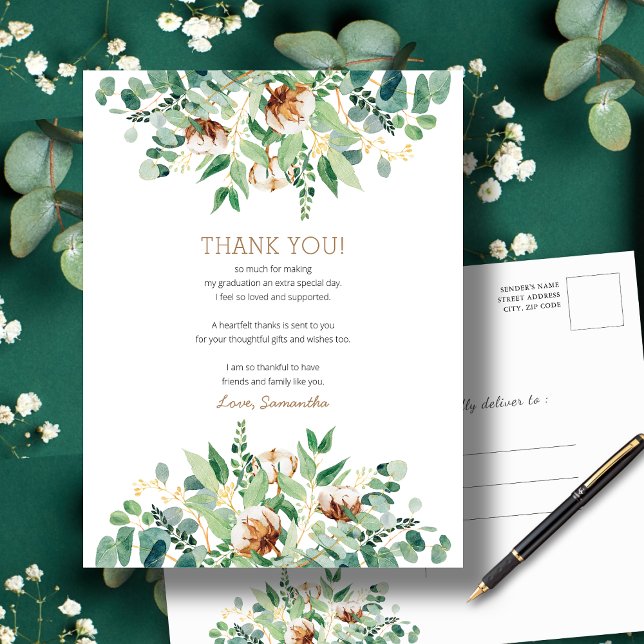 Elegant Eucalyptus Greenery Graduation Thank You Postcard (Creator Uploaded)