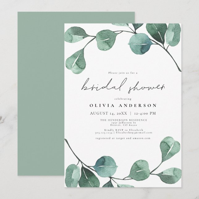 Elegant Eucalyptus Greenery Leaf Bridal Shower Invitation (Front/Back)