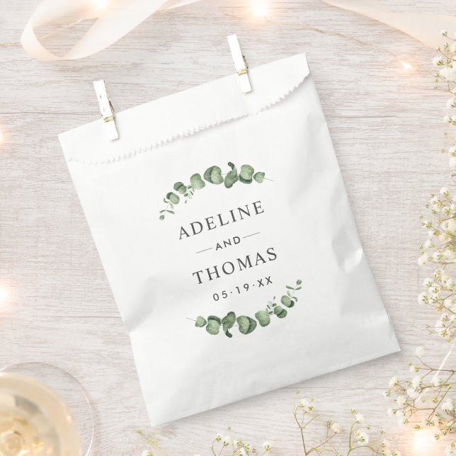 Elegant Eucalyptus Greenery Monogram Wedding Favour Bags (Clipped)