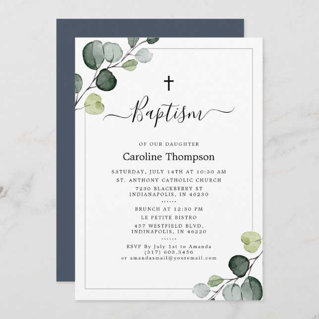 Elegant Eucalyptus Greenery Navy Baptism Invitation (Front/Back)