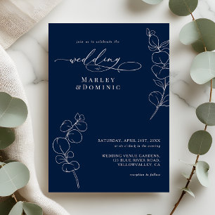 Elegant Eucalyptus Greenery Navy Blue Wedding Invitation