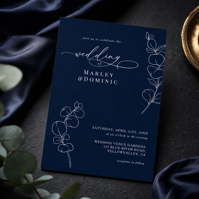 Elegant Eucalyptus Greenery Navy Blue Wedding Invitation (Creator Uploaded)