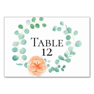 Elegant Eucalyptus Greenery Peach Floral Table Number