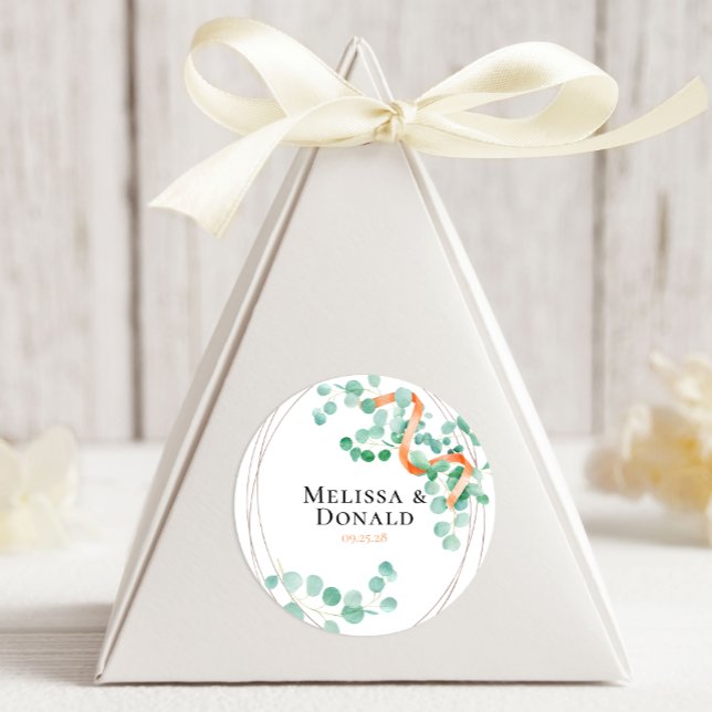 Elegant Eucalyptus Greenery Peach Floral Wedding Classic Round Sticker (Creator Uploaded)