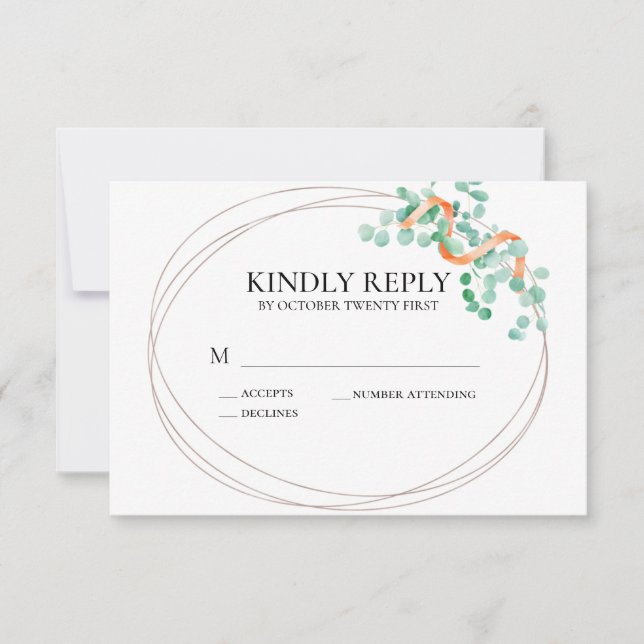 Elegant Eucalyptus Greenery Peach Floral Wedding RSVP Card (Front)