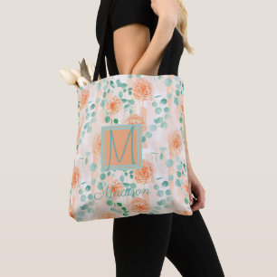 Elegant Eucalyptus Greenery Peach Trendy Monogram Tote Bag
