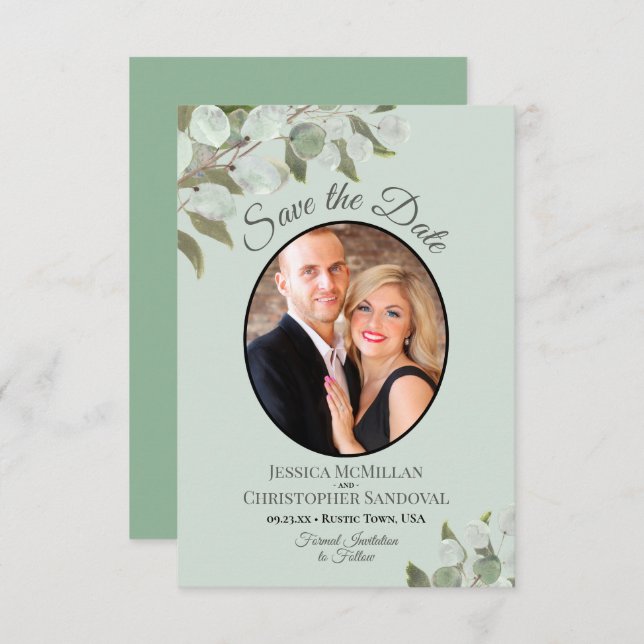Elegant Eucalyptus Greenery & Photo Mint Wedding Save The Date (Front/Back)