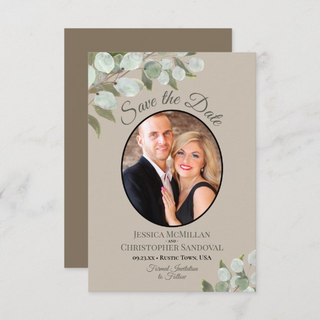 Elegant Eucalyptus Greenery & Photo Tan Wedding Save The Date (Front/Back)