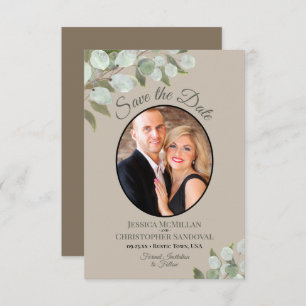 Elegant Eucalyptus Greenery & Photo Tan Wedding Save The Date