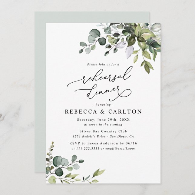 Elegant Eucalyptus Greenery Rehearsal Dinner Invitation (Front/Back)