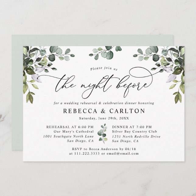 Elegant Eucalyptus Greenery Rehearsal Dinner Invitation (Front/Back)