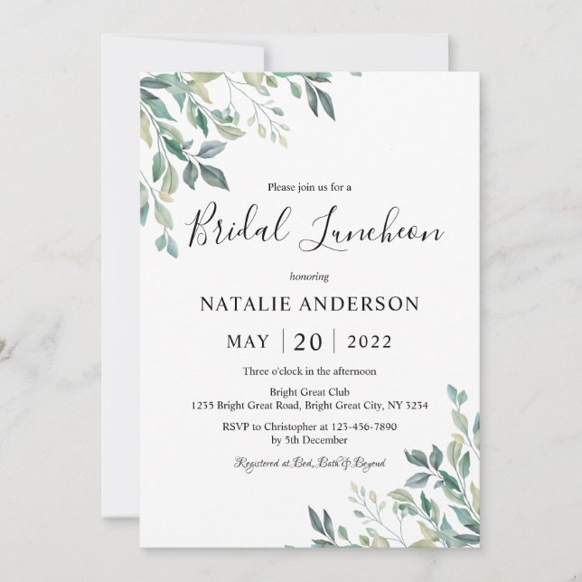 Elegant Eucalyptus Greenery Rustic Bridal Luncheon Invitation (Front)