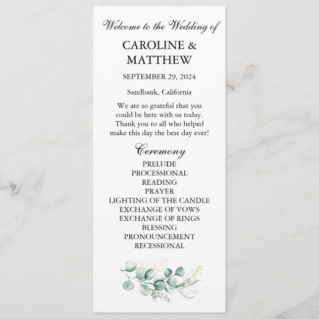 Elegant Eucalyptus Greenery Sage Wedding  Programme (Front)