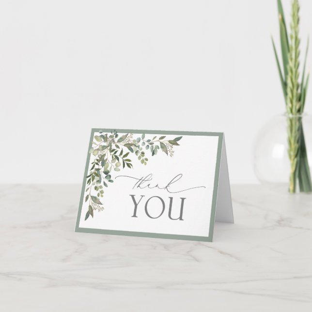 Elegant Eucalyptus Greenery Script Thank You Card (Front)