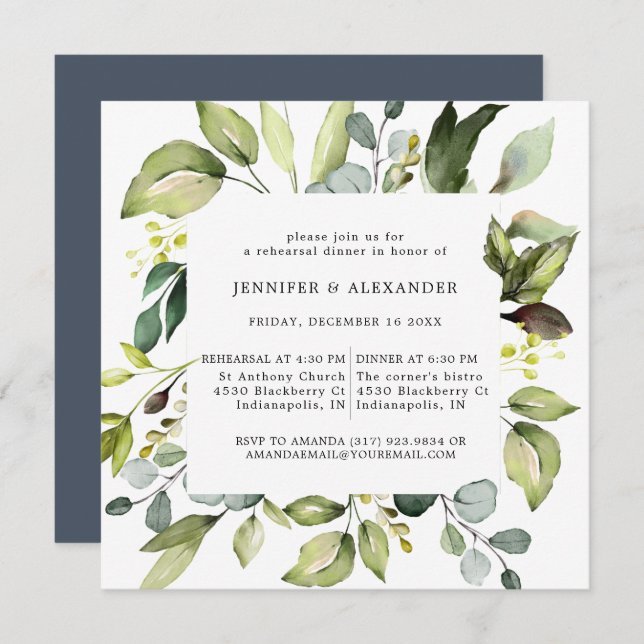 Elegant Eucalyptus Greenery Square Rehearsal Dinne Invitation (Front/Back)