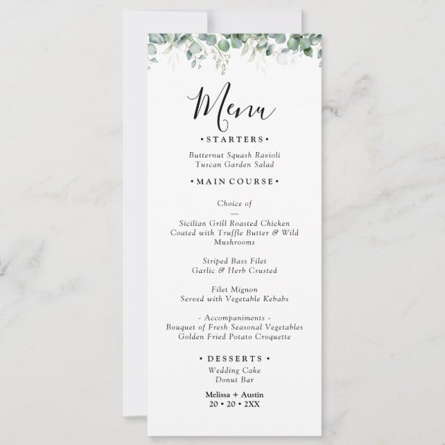 Elegant Eucalyptus Greenery Wedding Manu Card (Front)