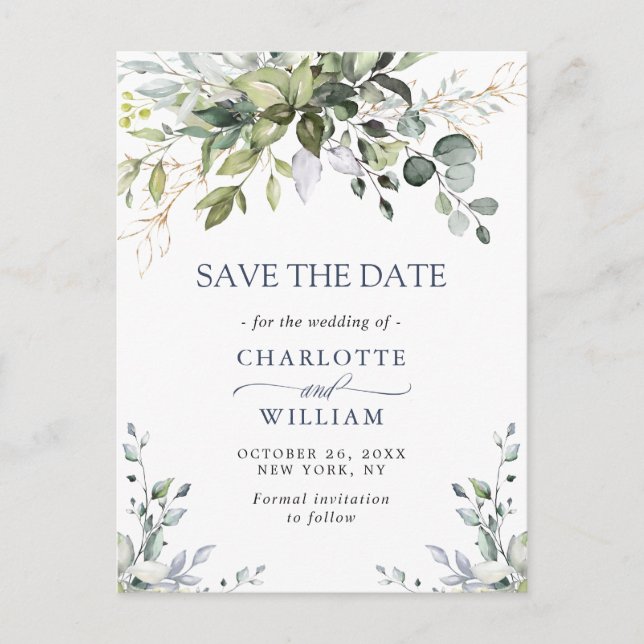 Elegant Eucalyptus Greenery Wedding Save the Date Postcard (Front)