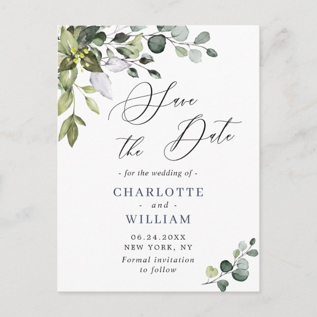 Elegant Eucalyptus Greenery Wedding Save the Date Postcard (Front)