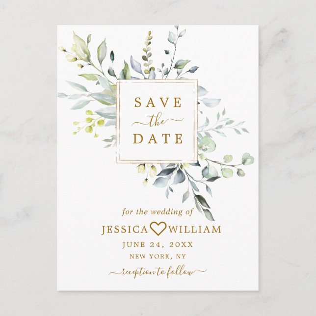 Elegant Eucalyptus Greenery Wedding Save the Date Postcard (Front)